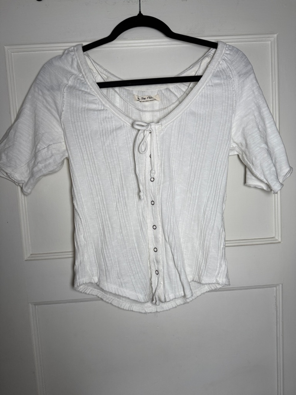 We The Free White Ribbed Button-Front Tie-Neck Top